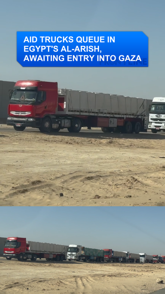 Les camions d'aide font la queue à Al-Arish en attente d'entrée à Gaza video poster