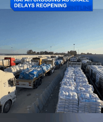 Les camions d’aide bloqués au passage de Rafah alors que la réouverture est retardée Les camions d'aide bloqués au passage de Rafah alors que la réouverture est retardée video poster